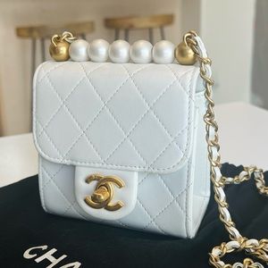 Chanel Small Goatskin Quilted Chic Pearls Crossbody Flap White